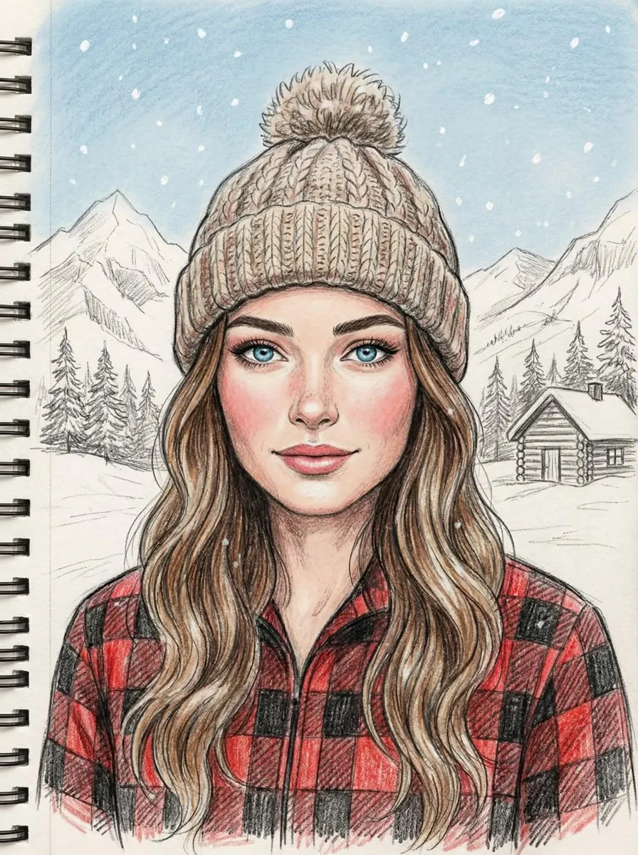 Colored Pencil Winter Portrait Sketch example 2