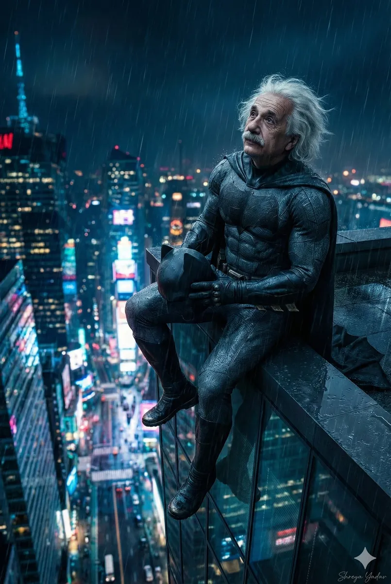 Einstein as Batman on Skyscraper Edge example 1