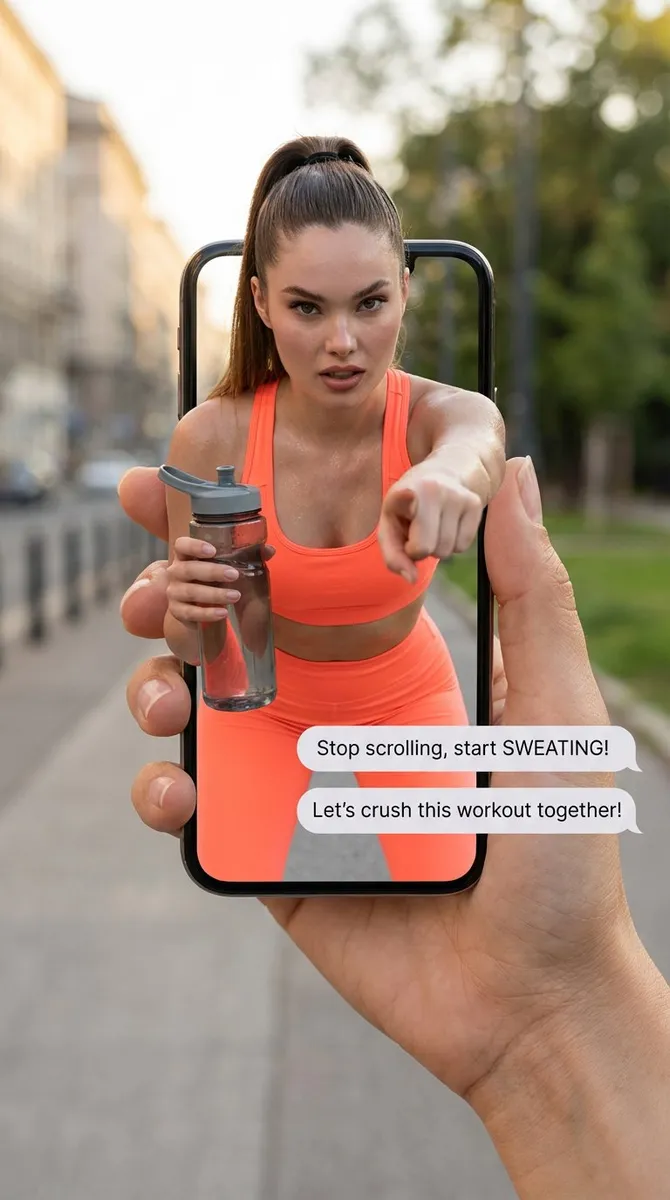 Fitness Motivator Breaking Out of Phone Screen example 1