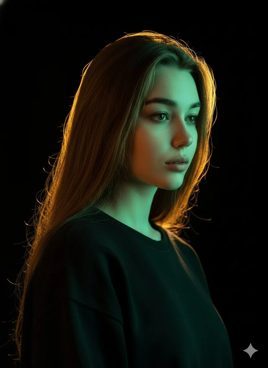 Golden Backlit Portrait with Cool Green Contrast example 1