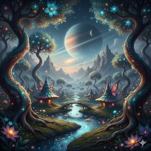 Magical Fantasy Landscape with Ringed Planet example 1