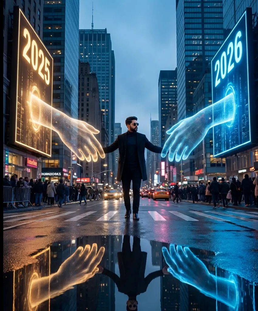 Man Welcoming 2026 with Digital Handshake example 1