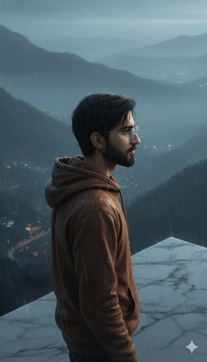 Melancholic Cliff Edge Portrait in Rain example 1