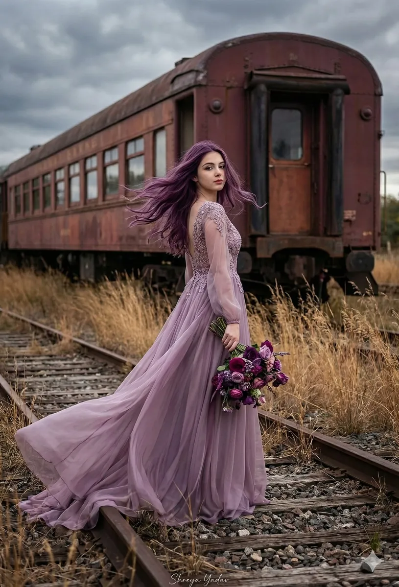 Purple-Haired Woman on Railway Track Portrait