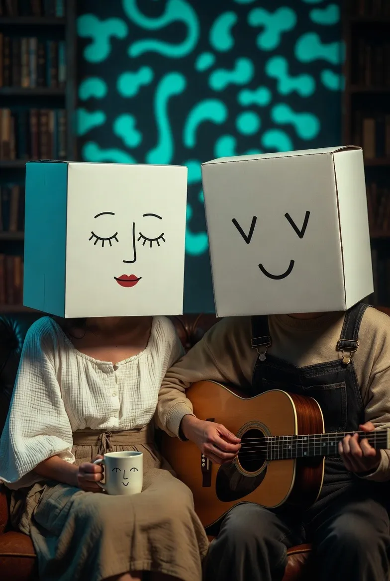 Surreal Couple with Box Heads Album Cover Art example 1