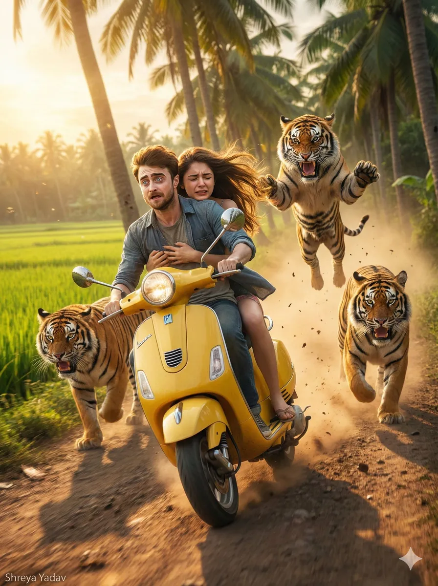 Tigers Chasing Couple on Yellow Vespa example 1
