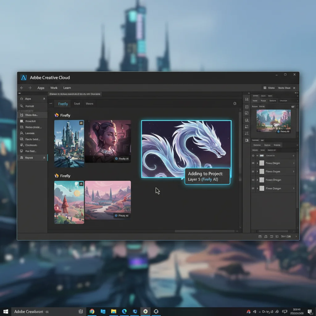 Adobe Firefly integration panel within Photoshop showing generative fill options and drag-and-drop workflow