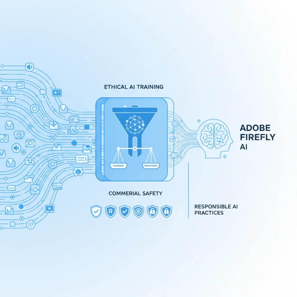 Conceptual illustration showing Adobe Firefly's ethical AI training workflow with licensed content filtering
