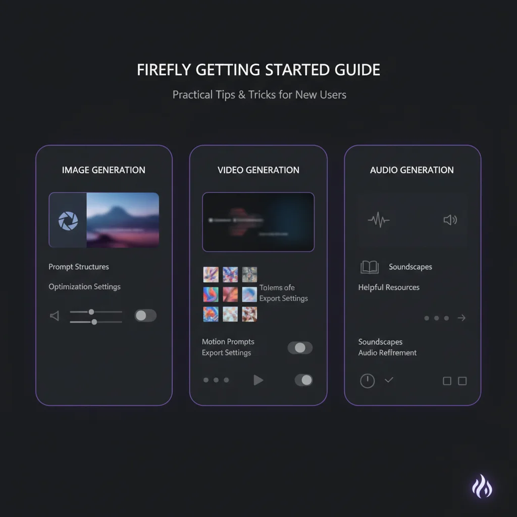 Adobe Firefly Getting Started guide interface showing practical tips and optimization settings