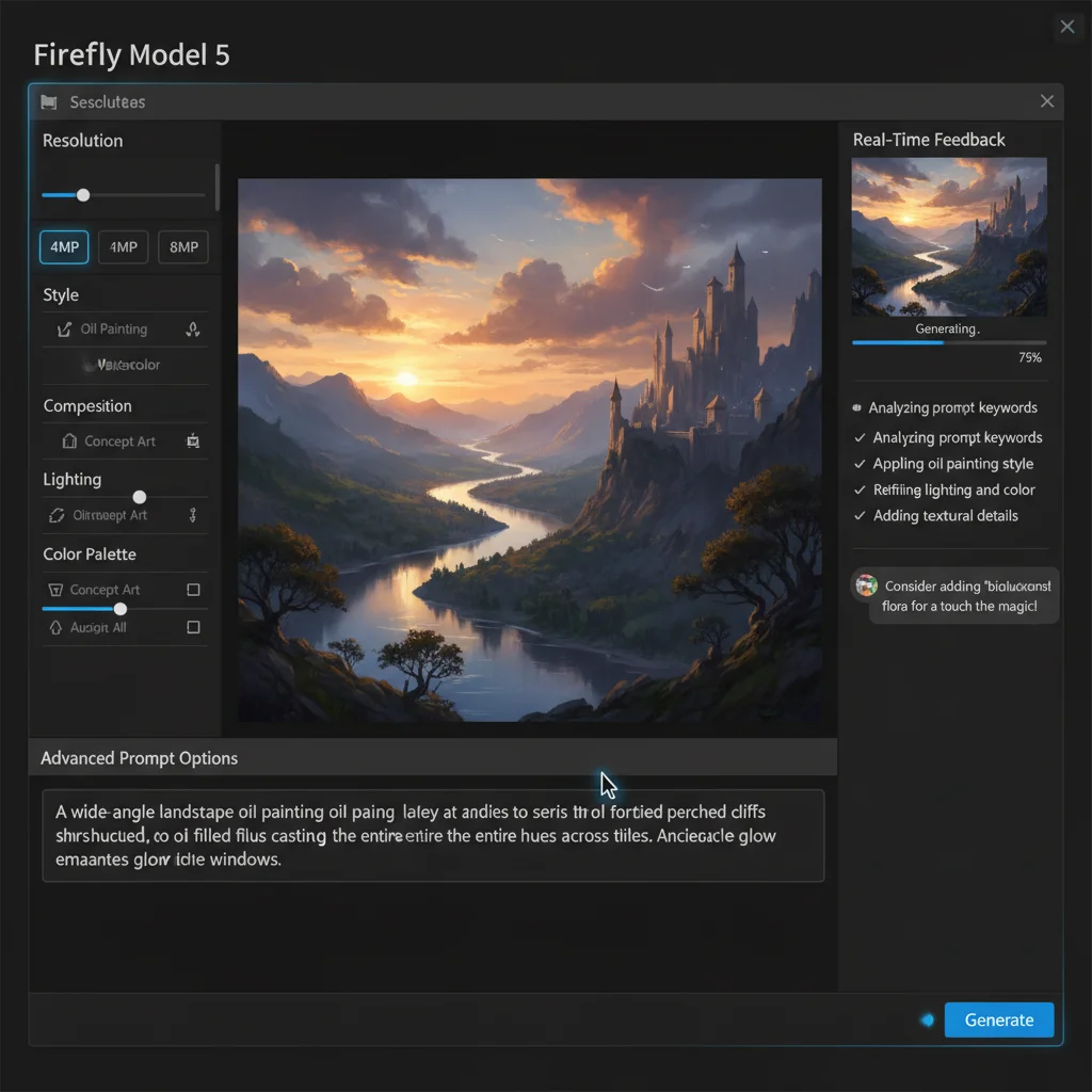 Adobe Firefly Image Model 5 interface showing 4MP resolution settings and advanced prompt controls