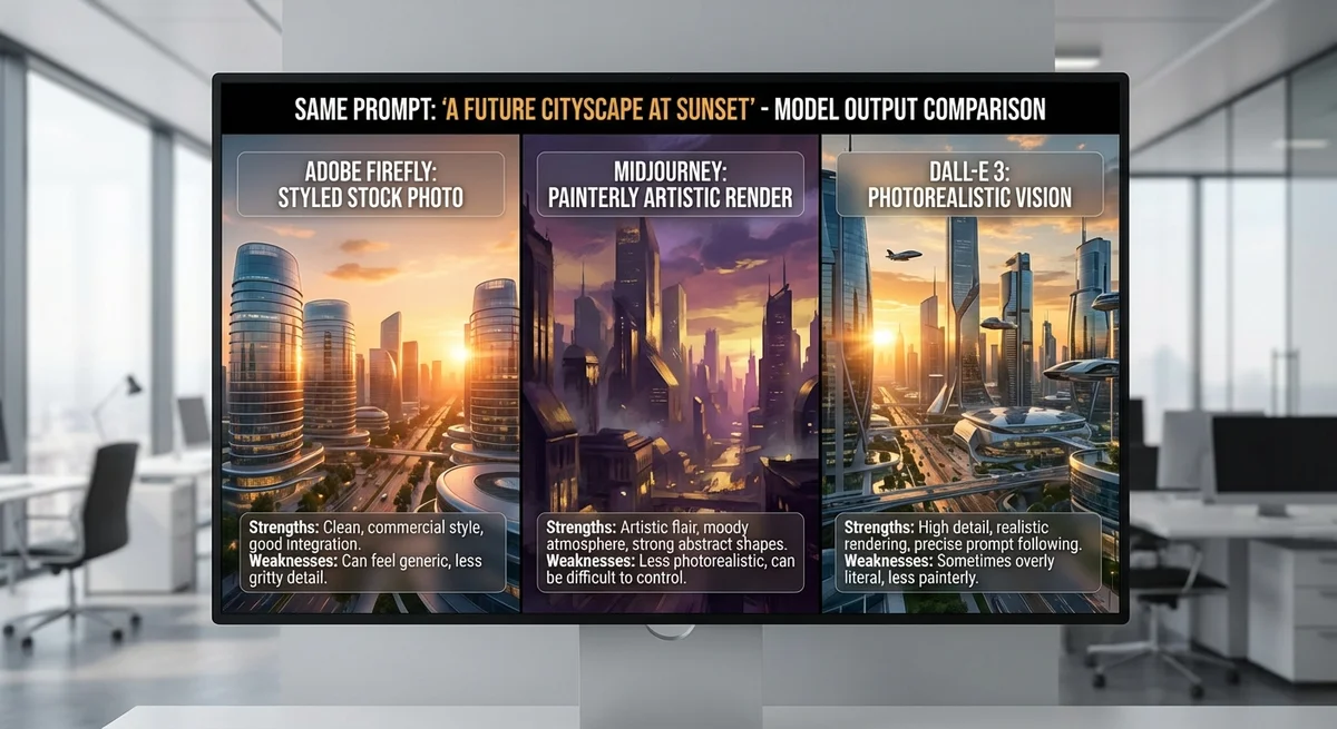 Side-by-side comparison of AI-generated futuristic cityscape at sunset from Firefly, Midjourney, and DALL-E 3