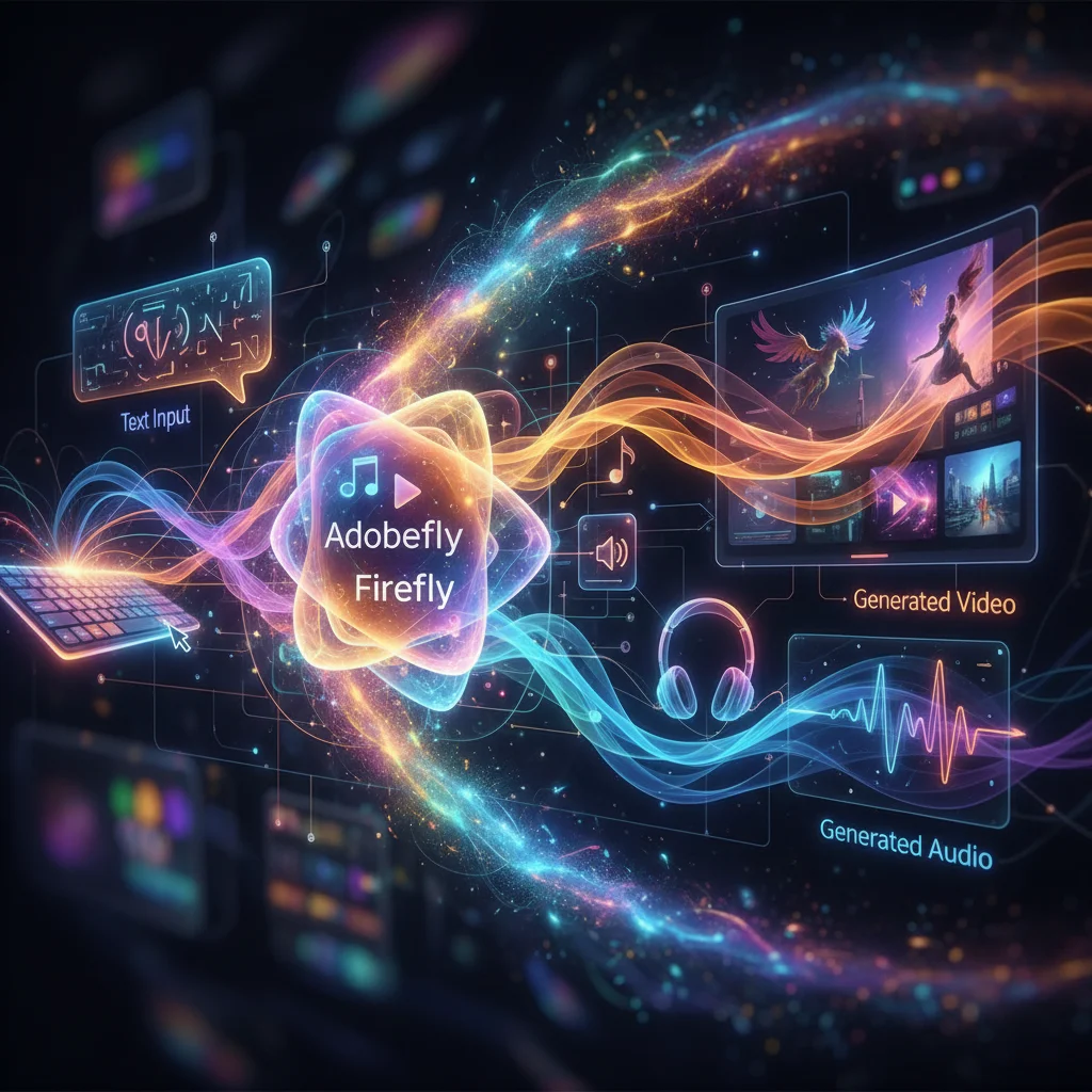 Abstract conceptual illustration of Adobe Firefly video and audio generation workflow