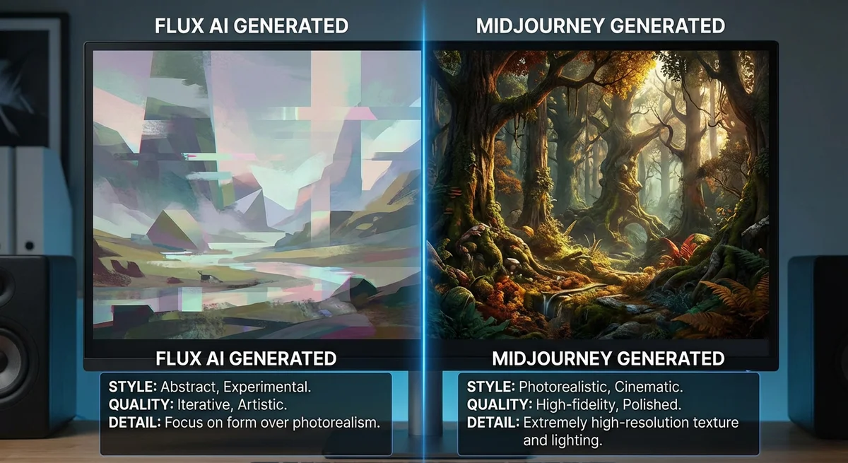 Side-by-side comparison of Flux AI and Midjourney generated images showing style and quality differences