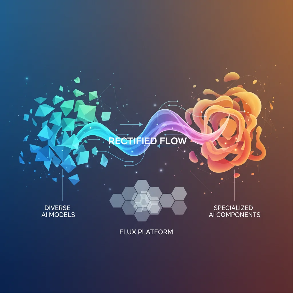 Conceptual illustration showing Flux's hybrid architecture with Mistral-3 vision-language model and rectified flow transformers