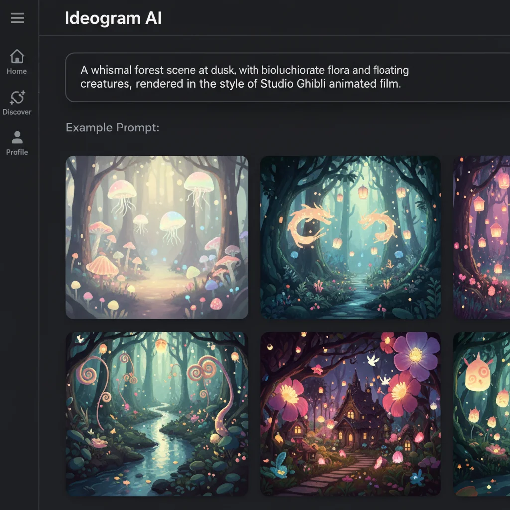 Ideogram interface showing prompt engineering best practices and resulting image outputs