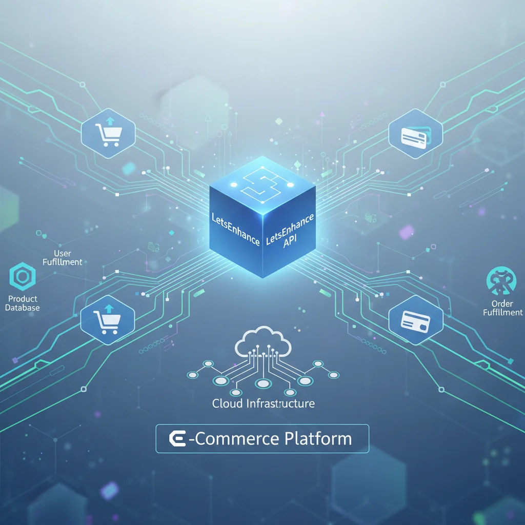 Conceptual visualization of LetsEnhance API integration with e-commerce platform