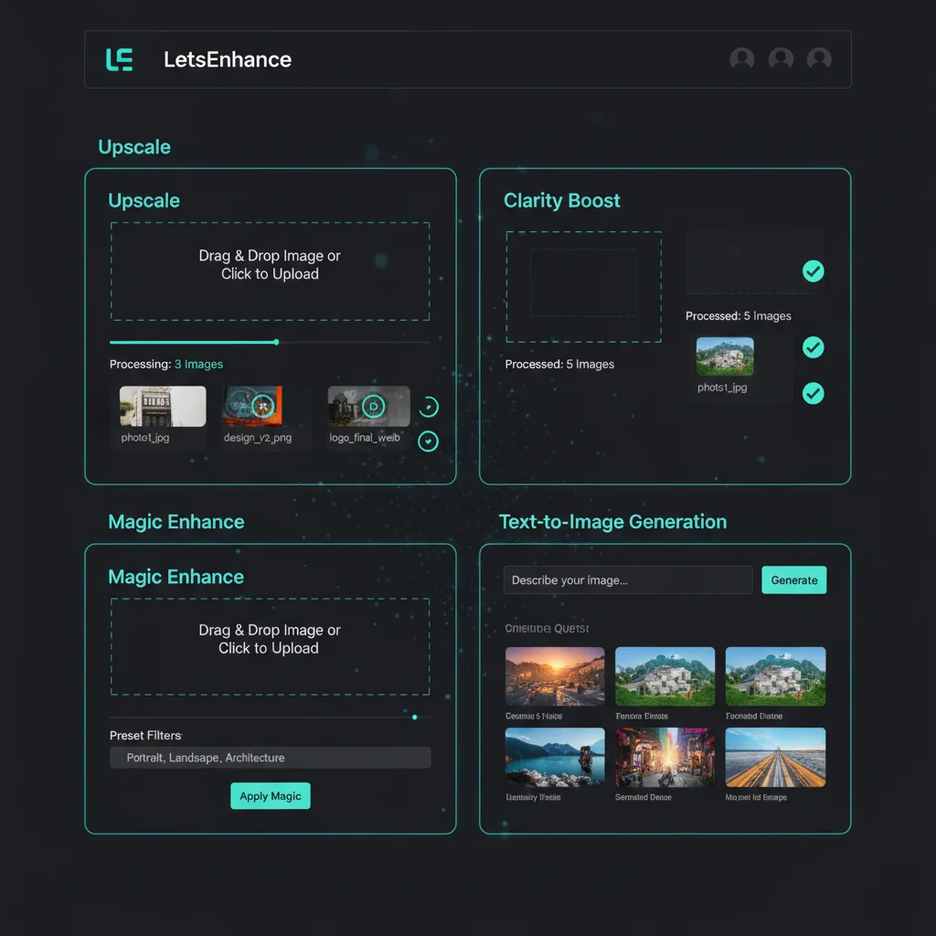 LetsEnhance 2026 platform interface showing the creative suite modules