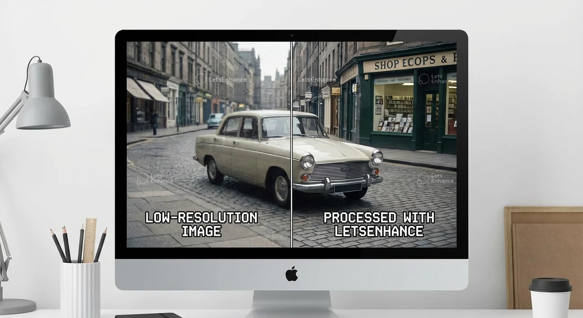 Before and after comparison showing LetsEnhance upscaling results from low to high resolution