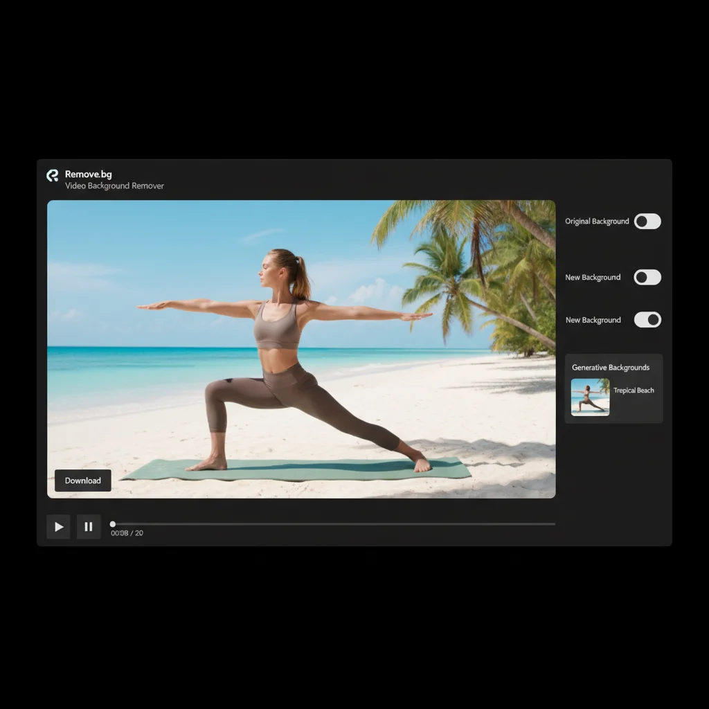 Remove.bg Pro Video interface showing 4K background removal with generative tropical beach backdrop