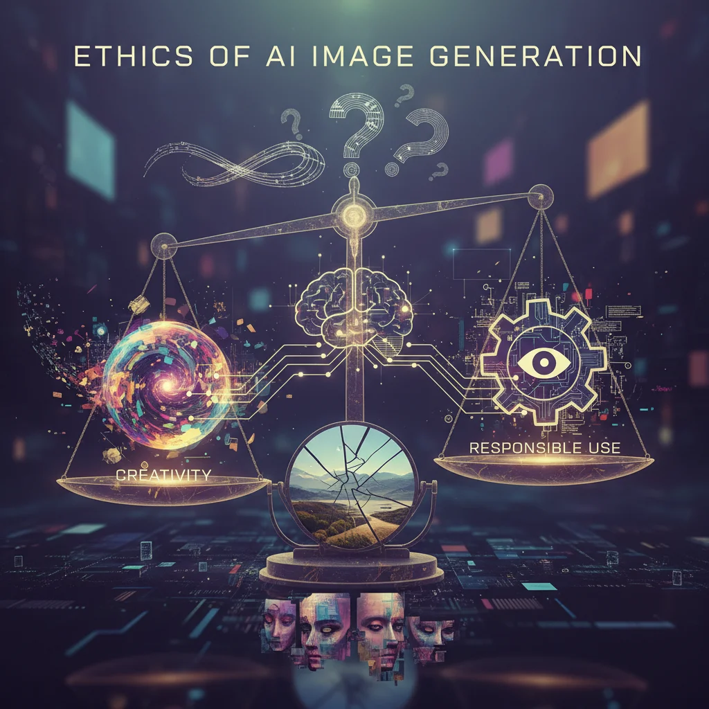 Abstract conceptual illustration showing a balance scale weighing creativity against responsible AI use