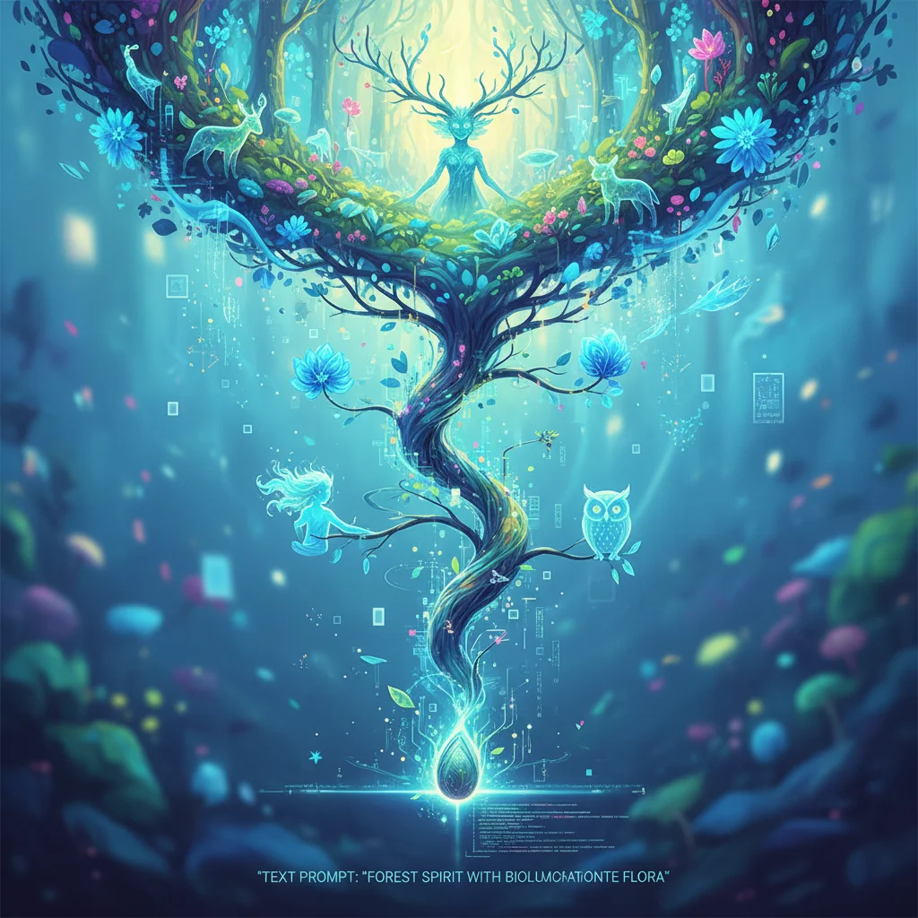 Conceptual illustration of prompt engineering transforming simple text into complex AI-generated imagery